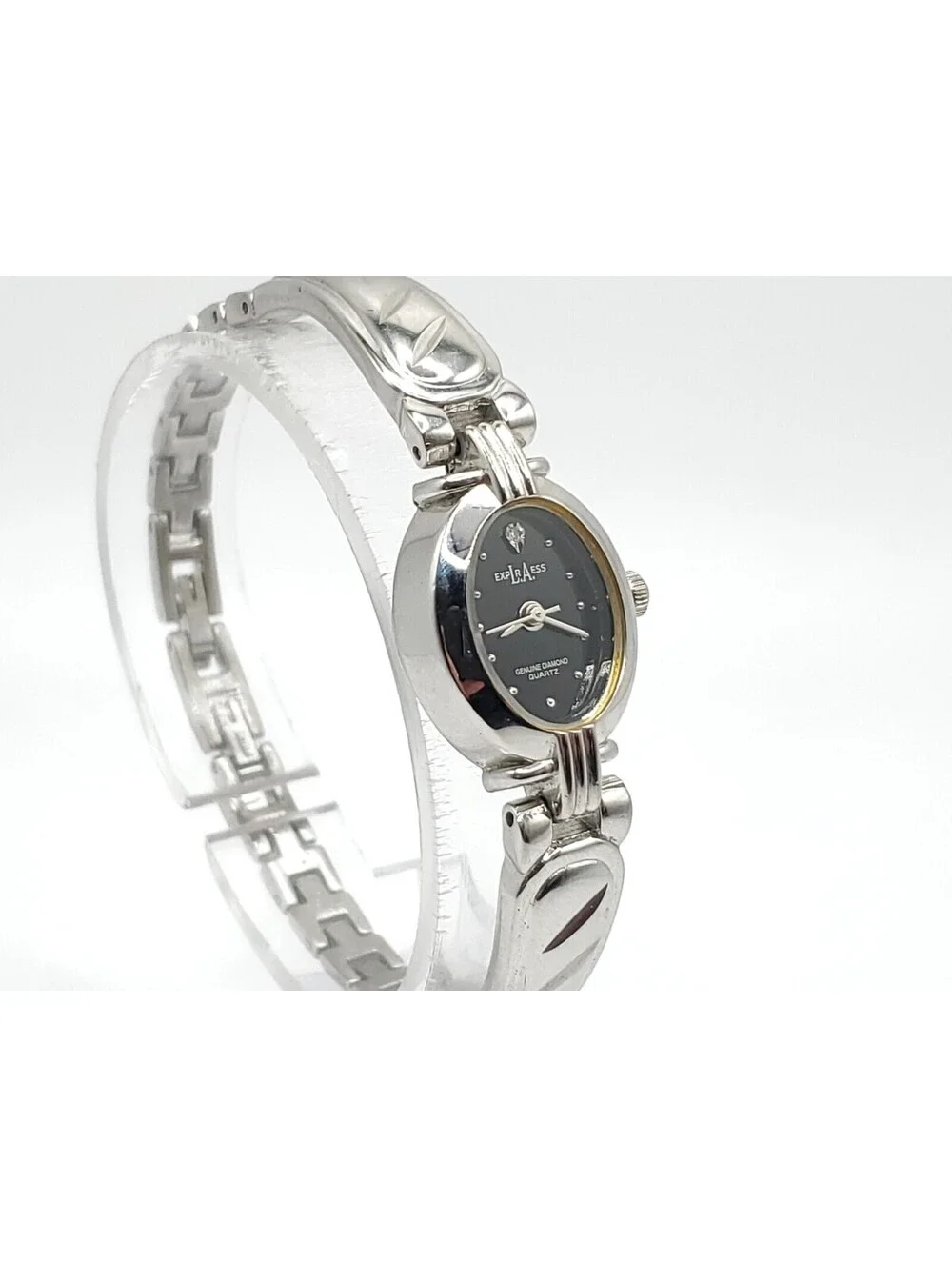 LA Express Quartz Watch 16mm Womens New Battery Silver Tone Black Dial